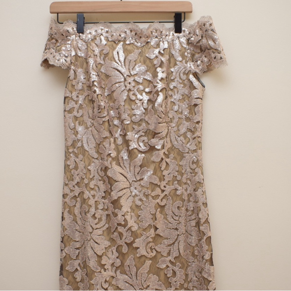 BHLDN Tadashi Shoji Odette Gold Sequin Boatneck Lace Overlay Full Length Dress - Picture 6 of 8